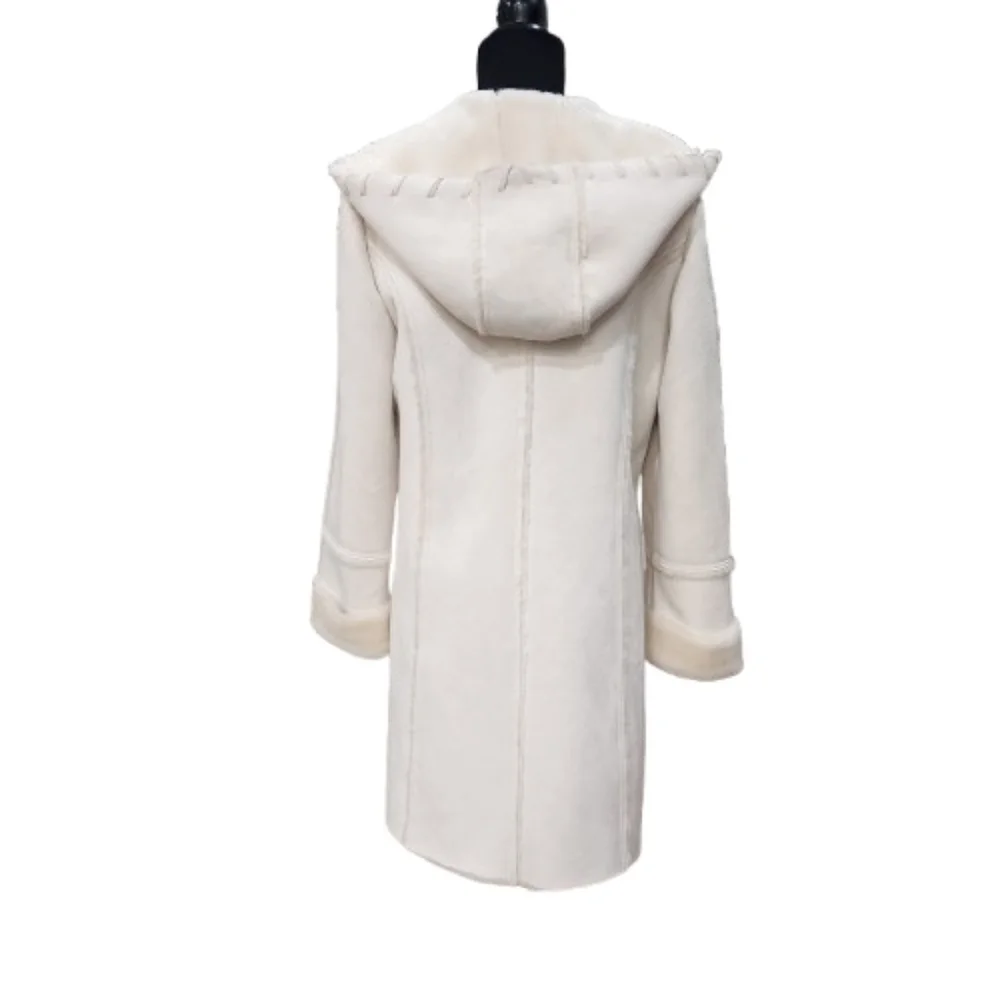 Vtg Coldwater Creek Ivory Whipstitch Faux Shearling Hooded Toggle Coat W Medium